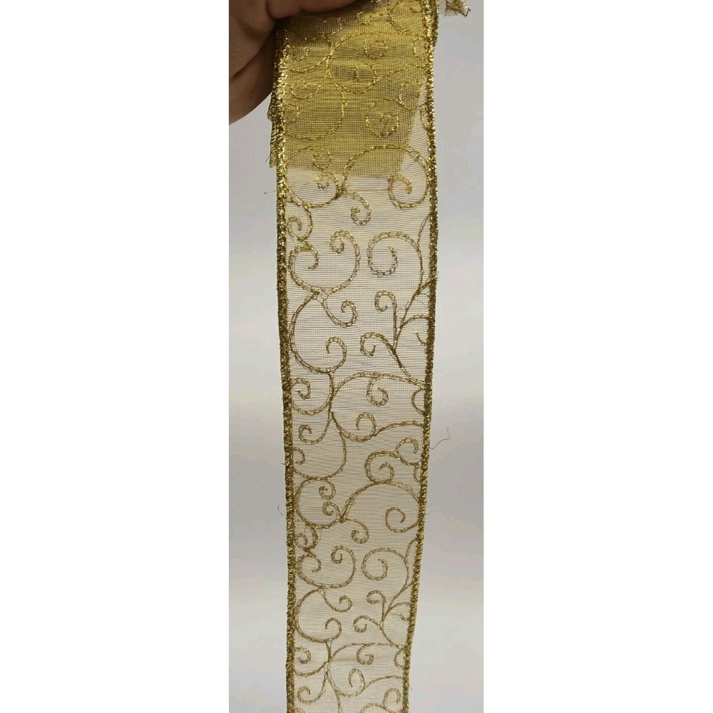 Gold Scroll Holiday Wired Organza Ribbon w/ Glitter - 2-1/2-Inch Wide X 40"